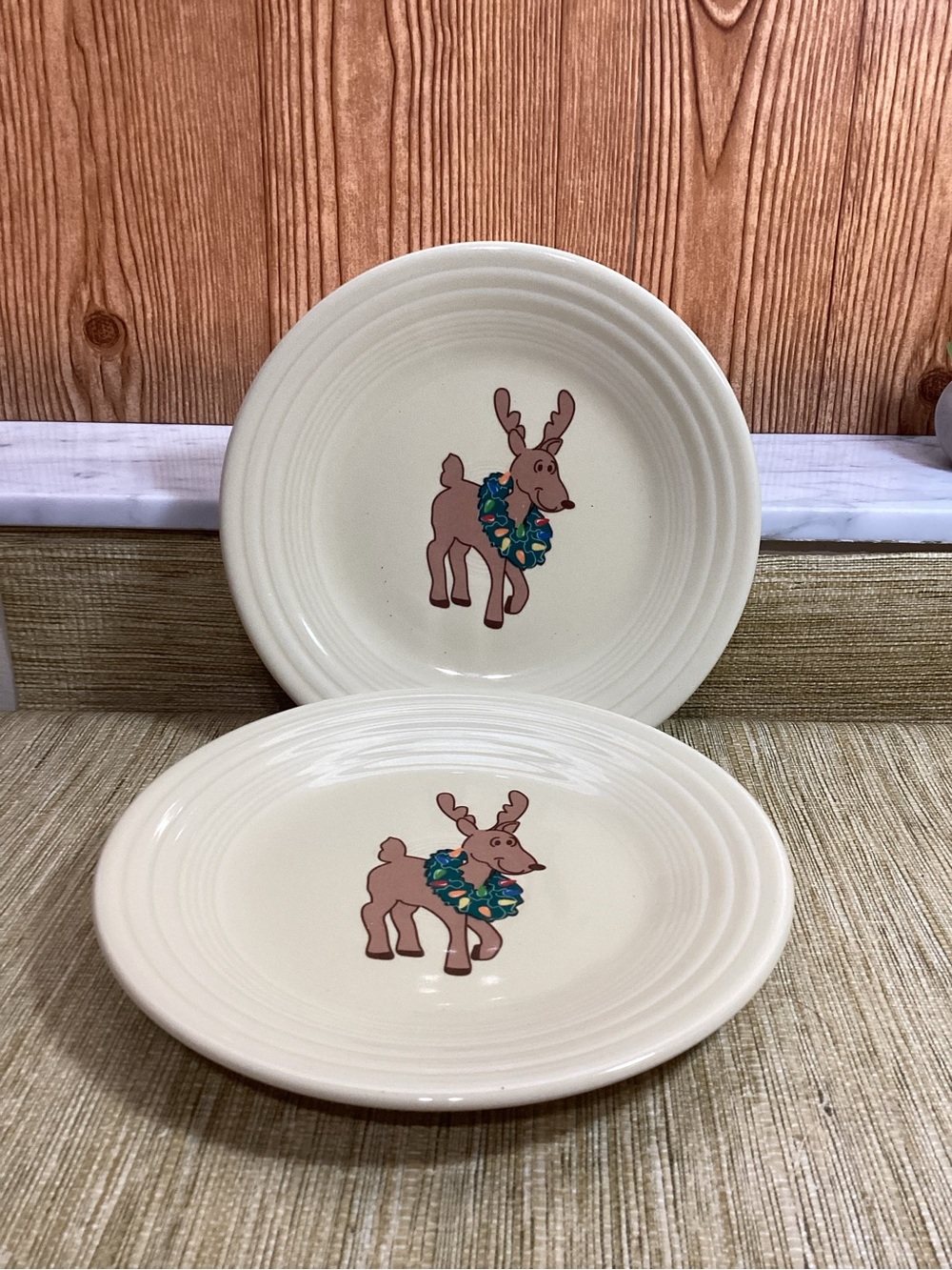 Fiesta Homer Laughlin Yellow Reindeer Plates with Green Wreath - Set of 2 9”